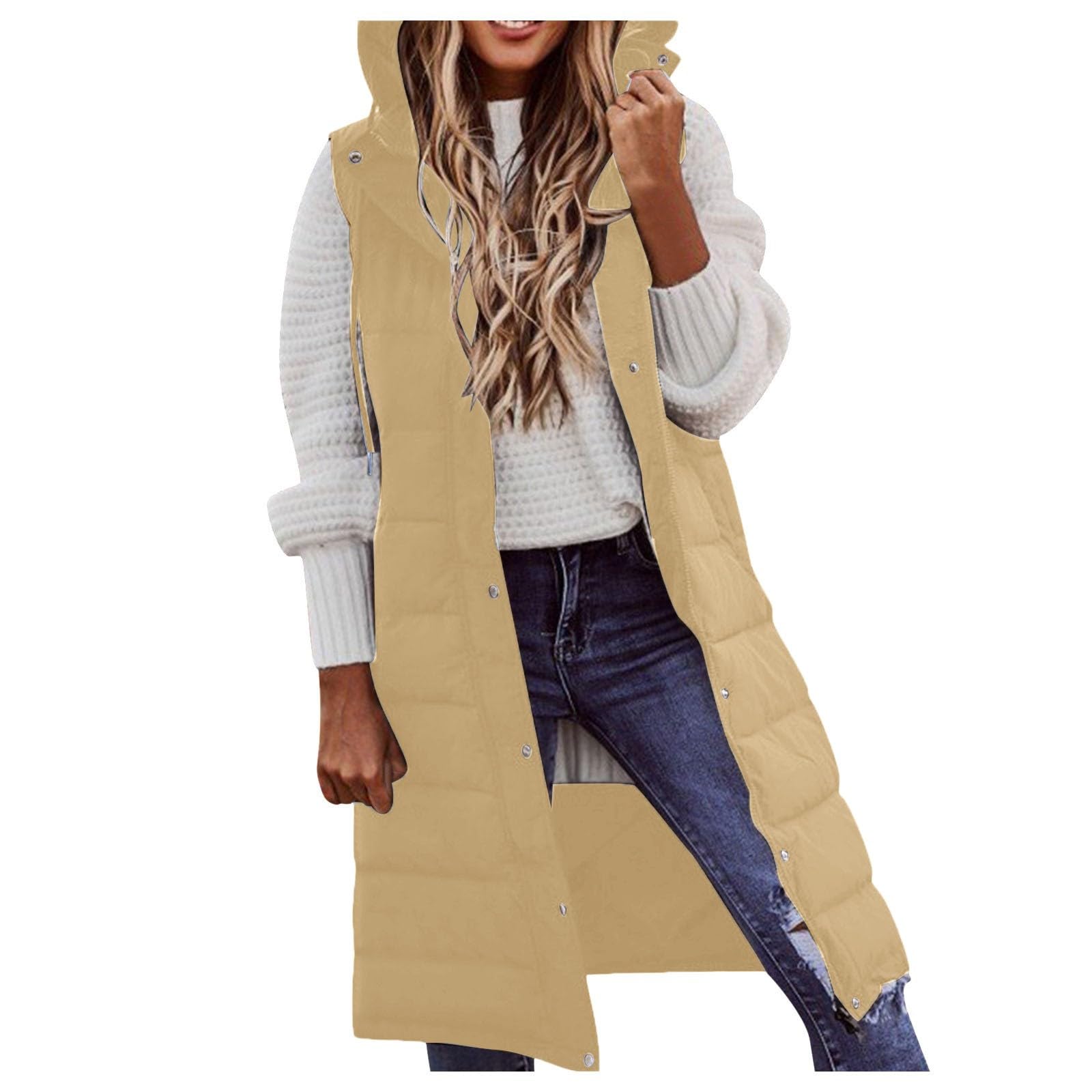 Generisch Steppweste Damen Lang, Ärmellose Weste mit Kapuze Steppmantel Warmer Leichte Westen Reissverschluss Longweste mit Taschen Damenweste Elegante Gilet Für Herbst Und Winter, S-5XL