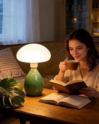 Lightdot Lámpara de Seta, Lámpara de Mesa de Cerámica para Mesita de Noche del Dormitorio, Luz Nocturna Verde Retro Vintage, Pequeña Lámpara