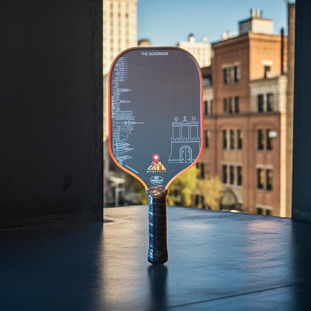 Pickleball The Governor Hambourg Raquette de pickleball certifiée USAP 42 x 18 cm, manche 14 cm, fibre de carbone brut + fibre de verre, 237-245 g, avec noyau en nid d'abeille 16 mm