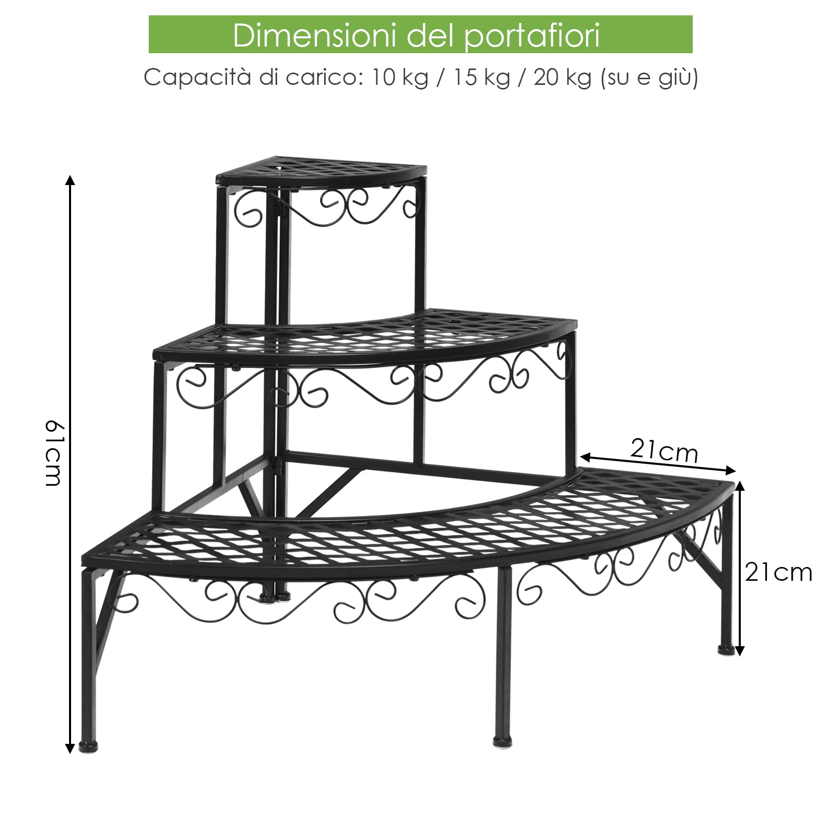 COSTWAY Scaffale Portafiori a 3 Ripiani, Porta Piante da Esterno e Interno a Scala, Scaffale Porta Vasi di Metallo per Balcone, Soggiorno e Giardino, 59 x 59 x 61 cm
