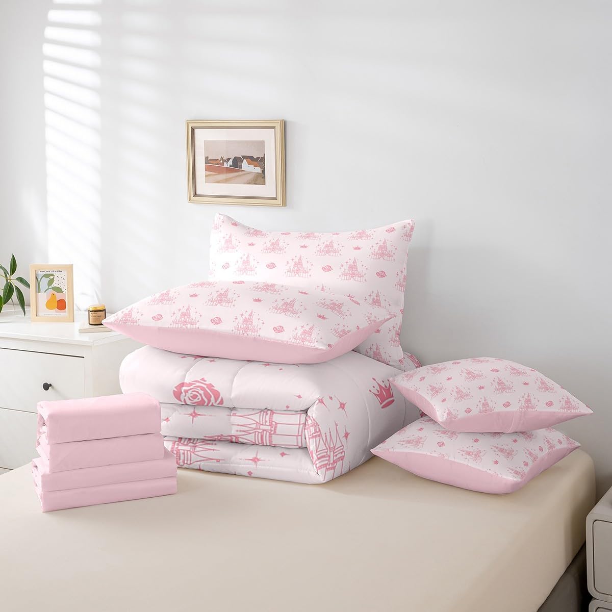 Manfei 7 Pieces Dreamy Castle Comforter Set Queen Size, Pink Floral Crown Print Bedding Set, Cute Magical Princess Bed in A Bag with Comforter,Sheets and Pillowcases, Kids Girls Room Decor, Soft