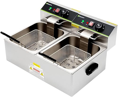 Hi Tek - Freidora eléctrica de acero inoxidable, tanque doble de 20 libras, 120 V, 3500 W, caja de 1 unidad