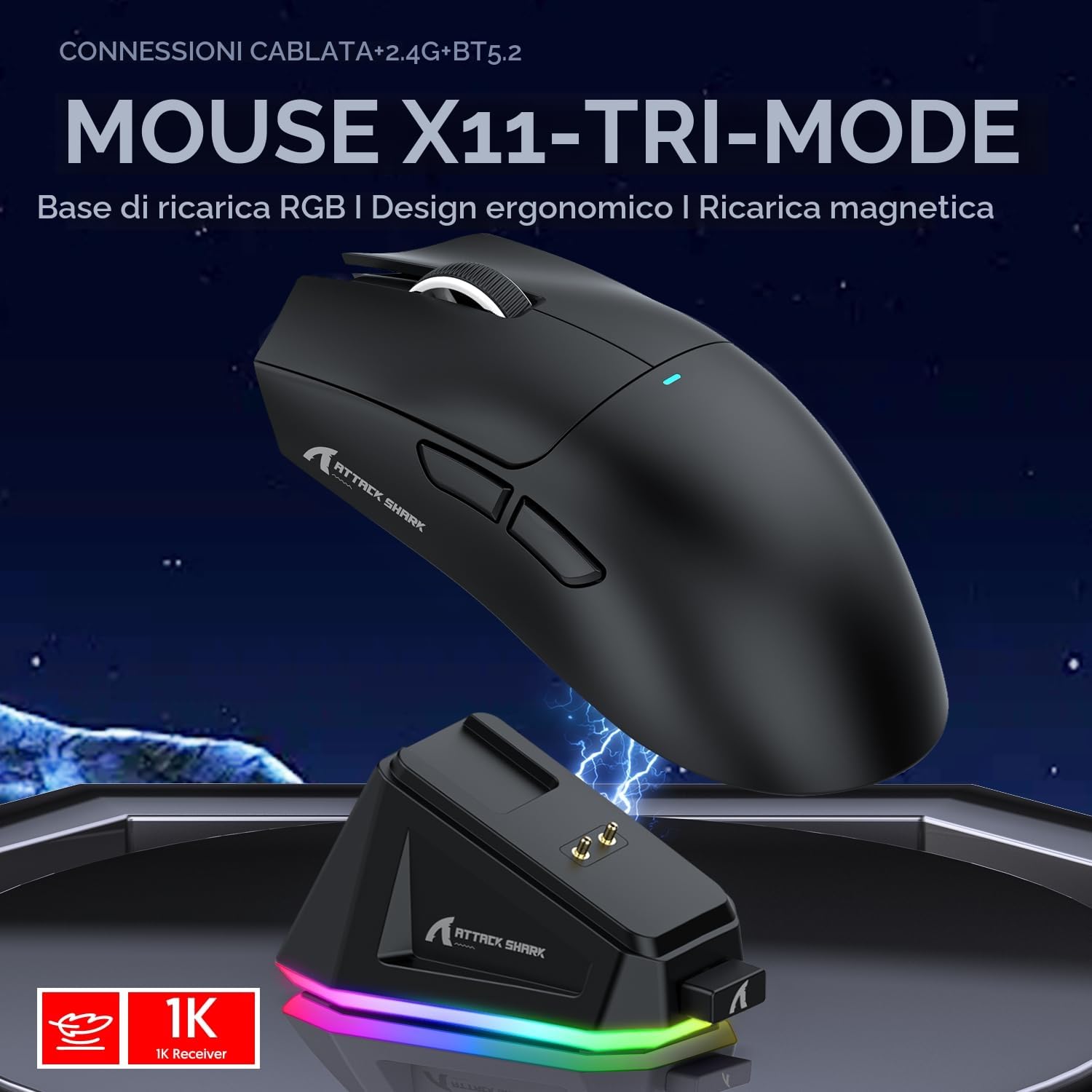 ATTACK SHARK X11 Gaming Mouse PixArt PAW3311 22000 DPI Wireless Wired BT 2.4G Black