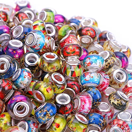 Victlov 100 Pieces 14mm European Large Hole Spacer Beads Mix Color with Silver Brass Cores Assortments Charm Lampwork Beads Supplies for Necklace Bracelets Jewelry Making (Christmas Flower)