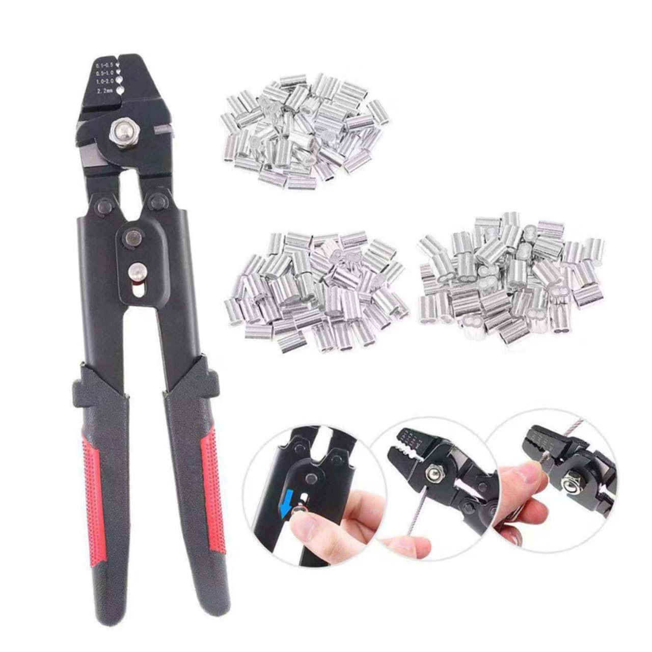 Pinza Crimpatrice per Cavi con Tubo in Alluminio e 180 Manicotti, Strumento per Crimpare Funi Metalliche e Corde, con Impugnatura Antiscivolo e Blocco di Sicurezza,