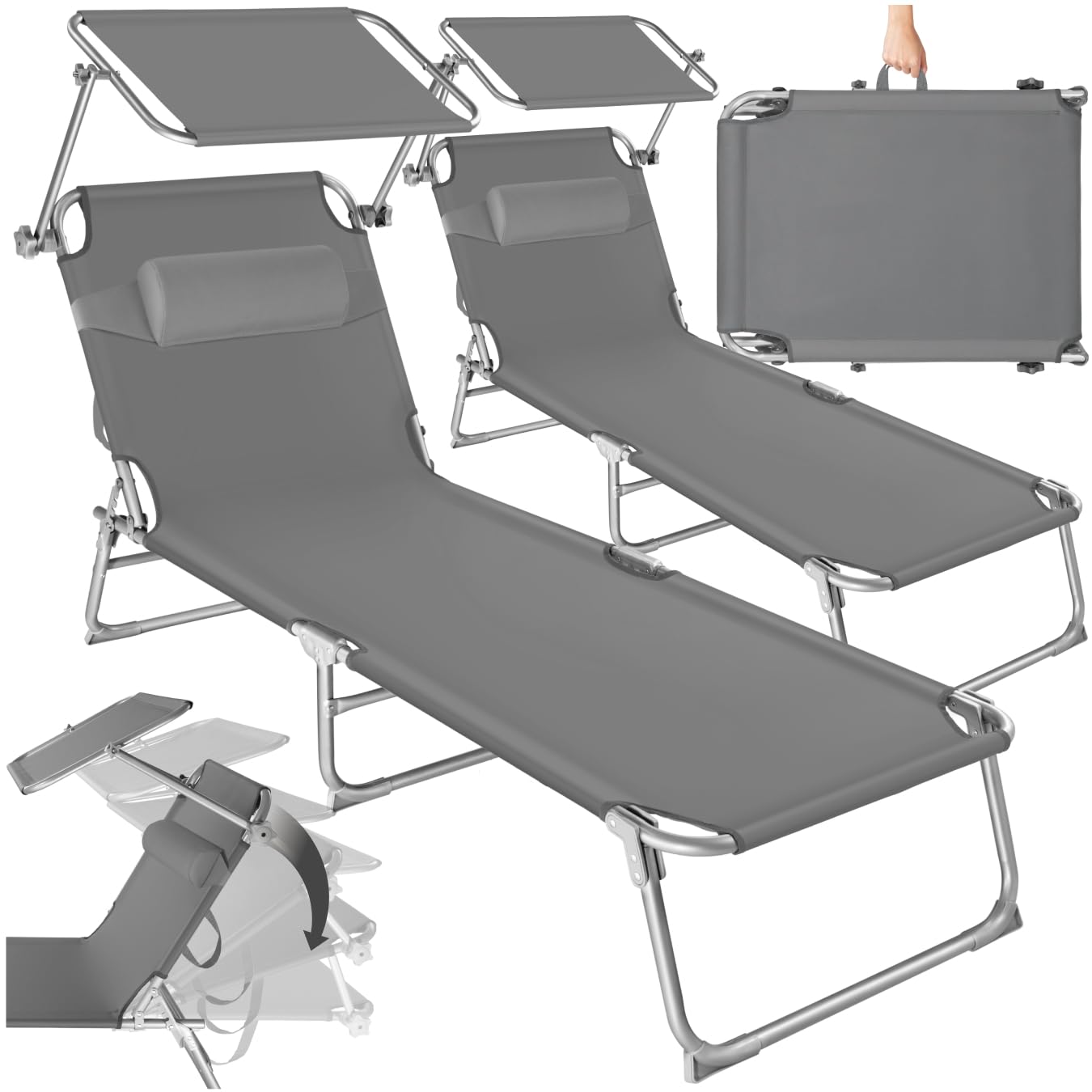 tectake® Set 2X Lettino Pieghevole, Lettini Prendisole Pieghevoli Sdraio con Parasole, Schienale Regolabile 4 Posizioni, Rivestimento Resistente, Giardino Spiaggia Lettini Prendisole Mare - Grigio