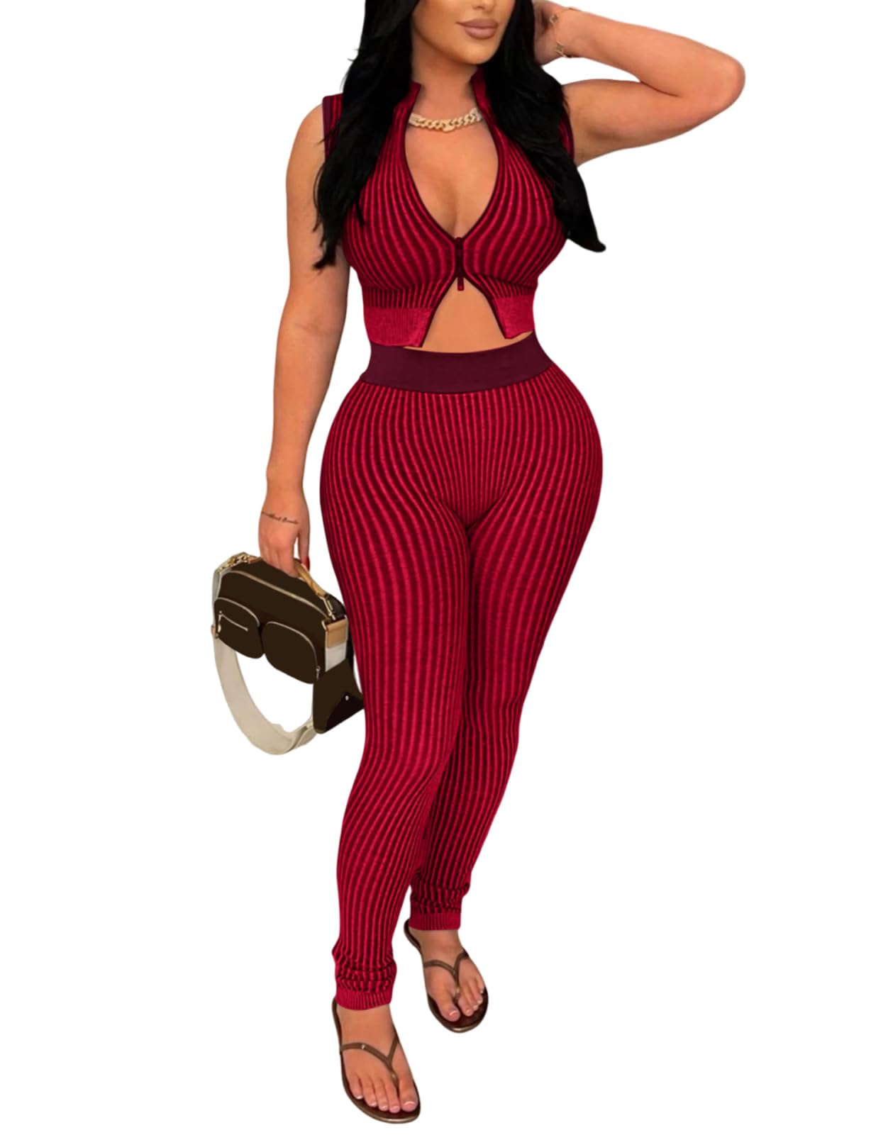 Uni Clau 2 Piece Outfits for Women Sexy Zipper Crop Top Bodycon Pants Sets Ribbed knit Sleeveless Club Outfits Tracksuit