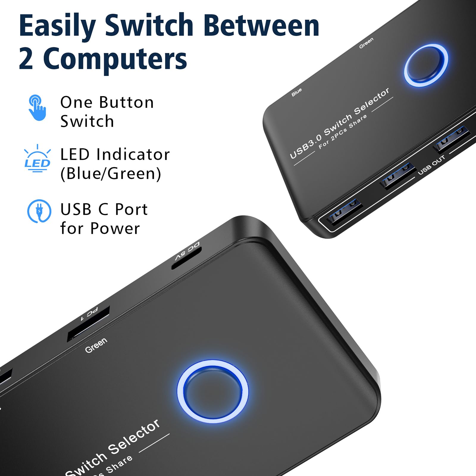 Commutateur KVM USB 3.0 Pour 2 Ordinateurs - Partage 4 Périphériques, Bouton Poussoir, Alimentation USB-C Optionnelle
