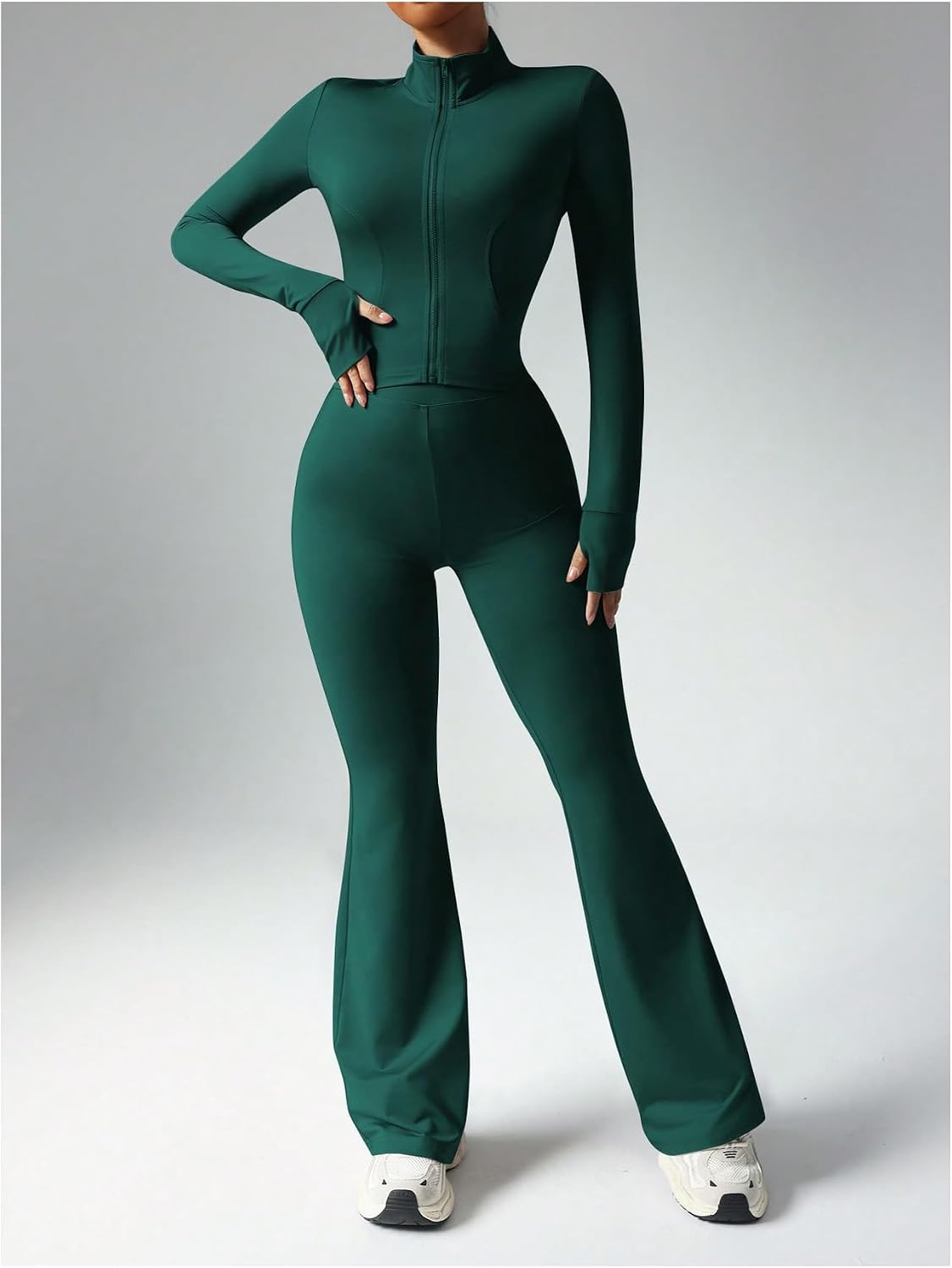 SOLY HUX Women's Tracksuit Workout Sets Long Sleeve Zip Up Crop Tops and Flared Pants Yoga Active Wear 2 Piece