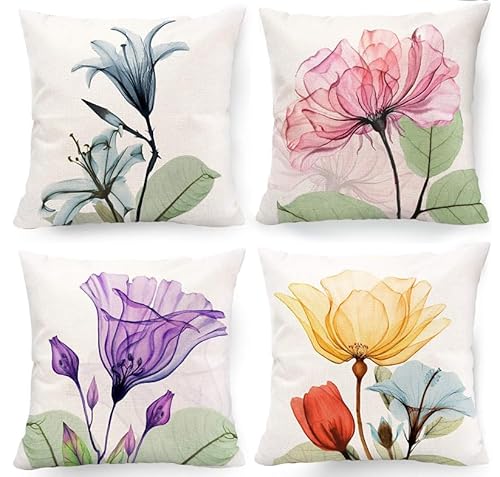 BAOKU Vintage Purple Yellow Pink Floral Pattern Cushion Covers 45 x 45 cm Summer Watercolor Modern Decorative Throw Pillow Covers Soft Pillowcases for Sofa Bed Home Garden Patio Decor Set of 4