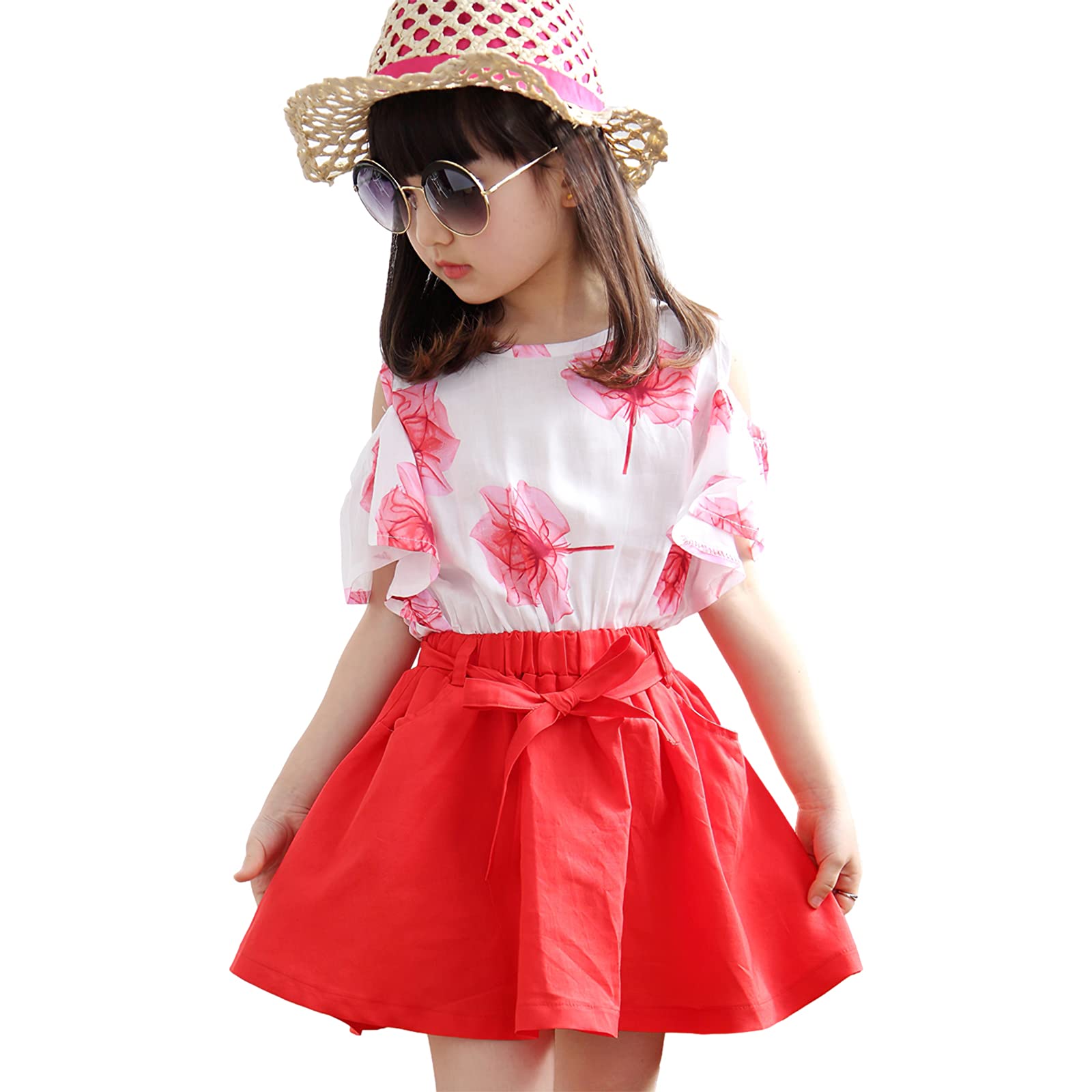 amropi Niña Floral Conjunto de Verano Camiseta de Manga Volantes y Falda 2 Piezas Ropa Set 3-12 años