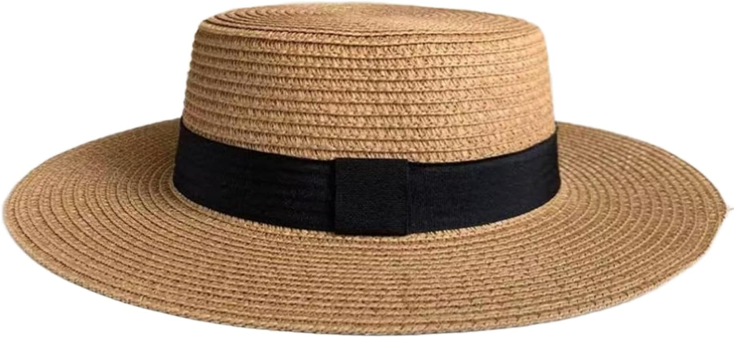 Summer Beach Wide Brim Fedora Flat Top Sun Straw Hat Basic Ribbon Hat for Women image 4