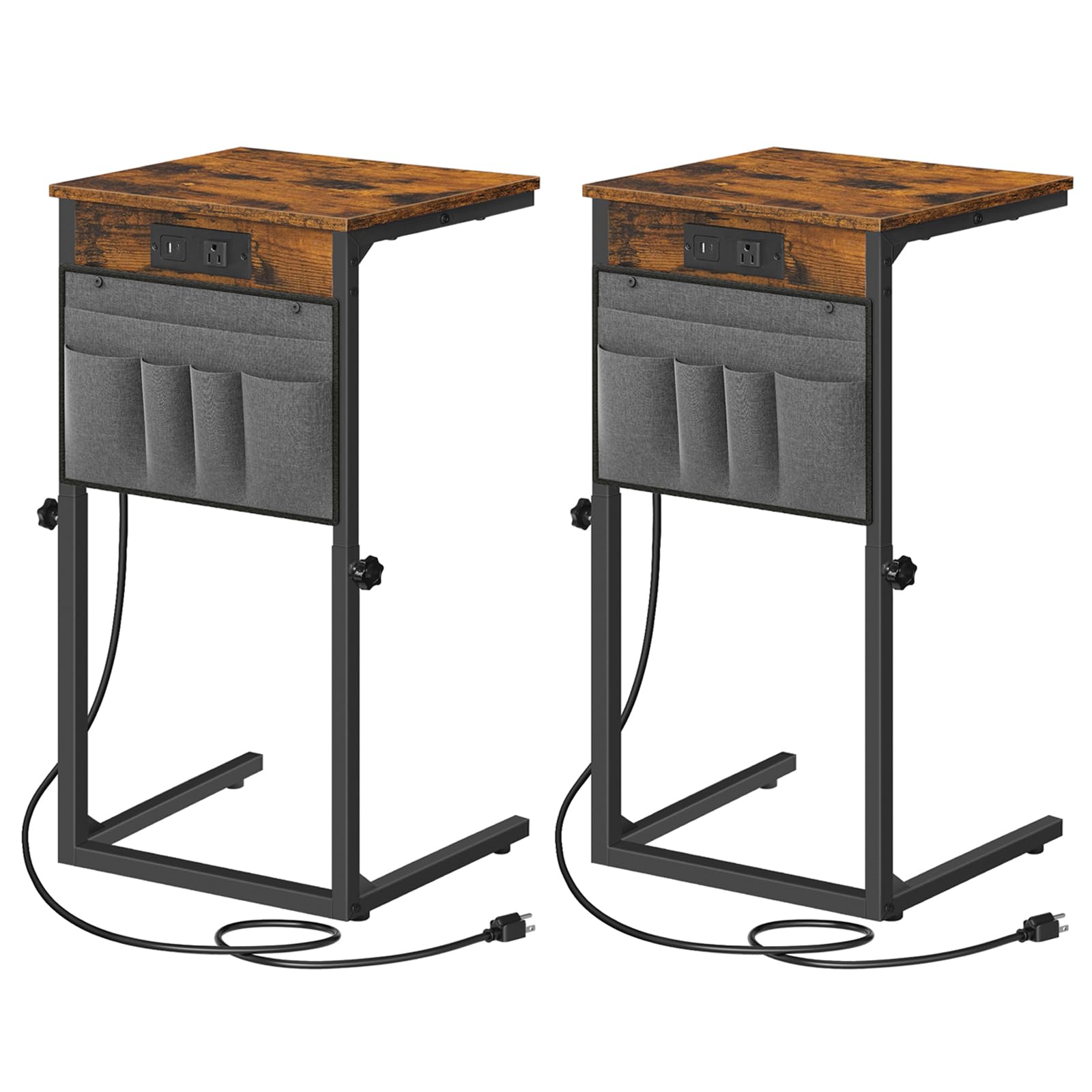 HOOBRO C Shaped End Tables with Charging Station, Set of 2, 30” Adjustable Height Sofa Side Tables, Slide Under Couch Tables for Sofa Arm Tray, for