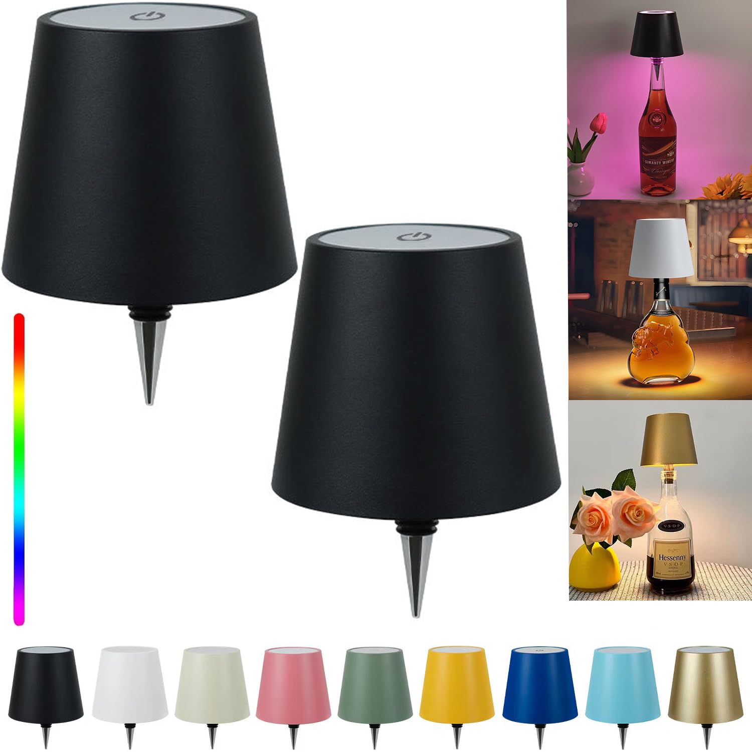 TiGilt Pridola Wireless Bottle Lamp Shade - LED Rechargeable 3 Color Stepless Dimming - Touch Liquor Bottle Lamp Kit - Outdoor Table Lamp - Bar Lamp - Wine Bottle Lamp(2Pcs-Black), RYXZ0213