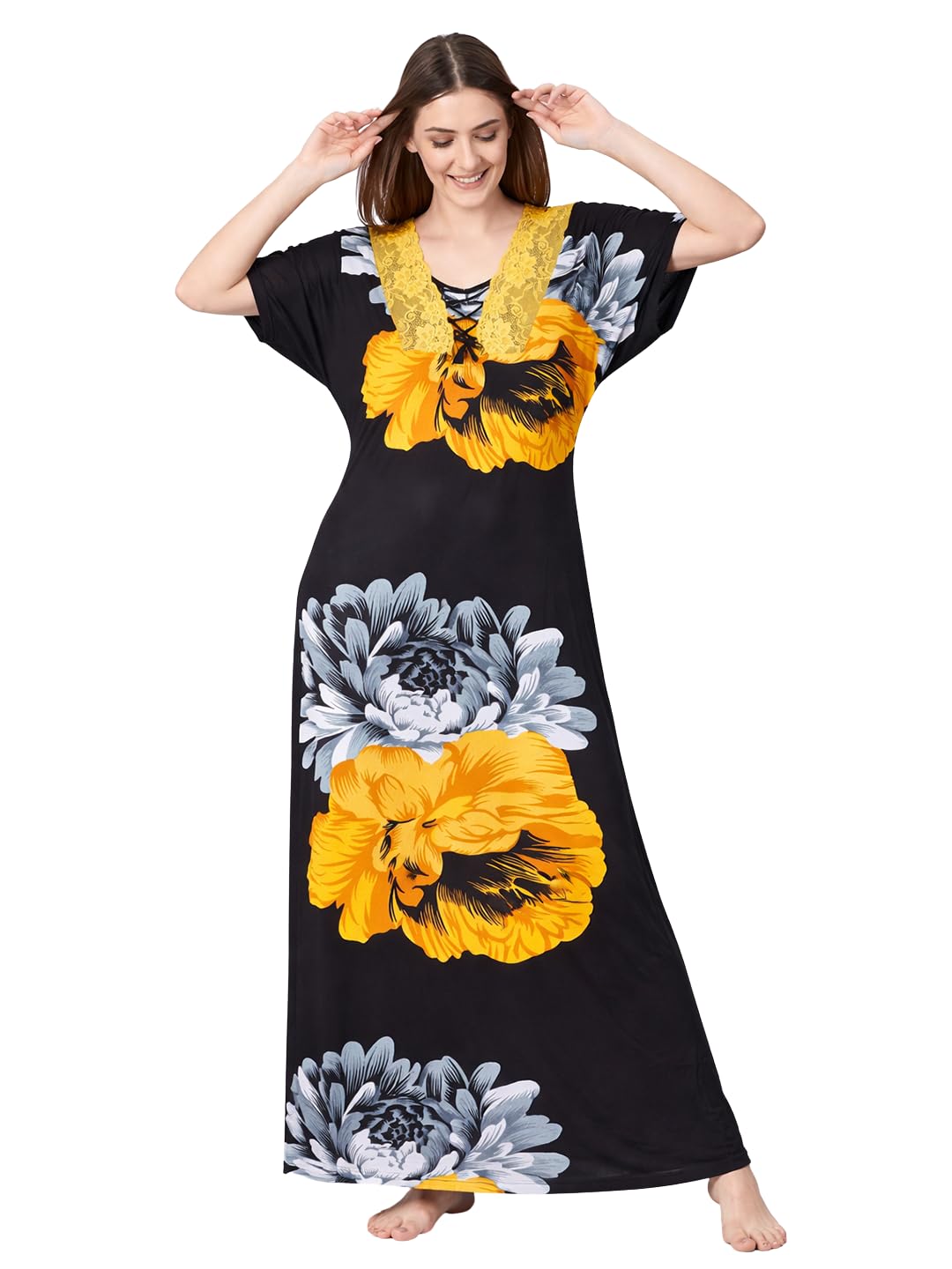 noty Women's- Nighty | Maxi | Gown- Satin Fabric- Floral Print Designer Lace Work on Neck-picture-27