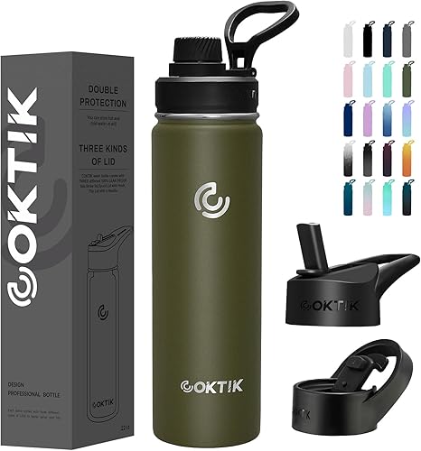 Miniatura 1 de COKTIK Botella de agua aislada de acero inoxidable con tapa con popote, 22 onzas de boca ancha, doble pared aislada al vacío, botella de agua ligera
