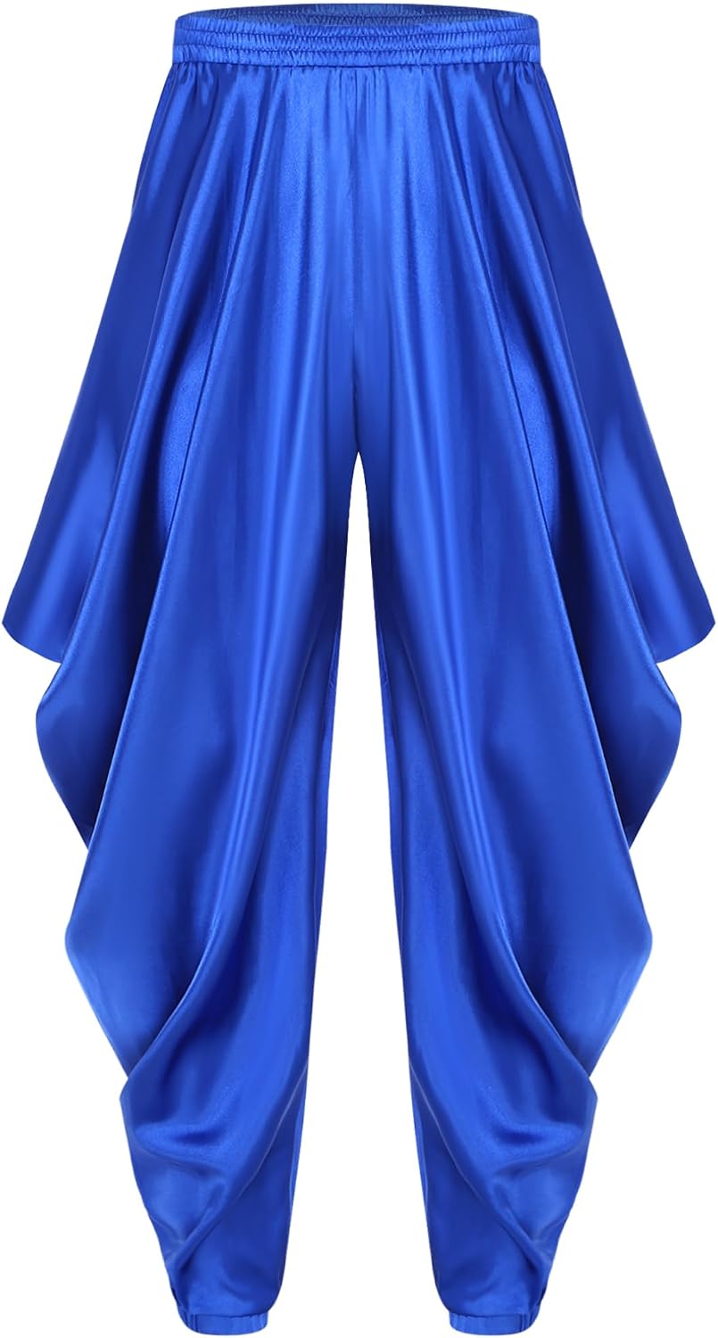 FEESHOW Men's Loose Fit Harem Pants Elastic Waist Satiny Trousers for Arab Prince Cosplay Outfits