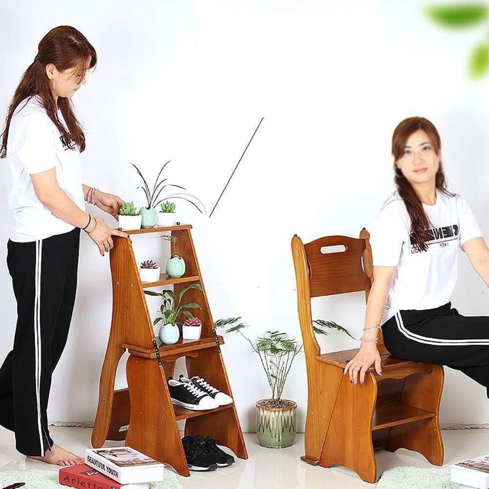 Folding Stool Ladder Chair 5 Step Wood Foot Stool Multi Purpose Safe Stable Library Non Slip Lightweight Storage/Honey Color