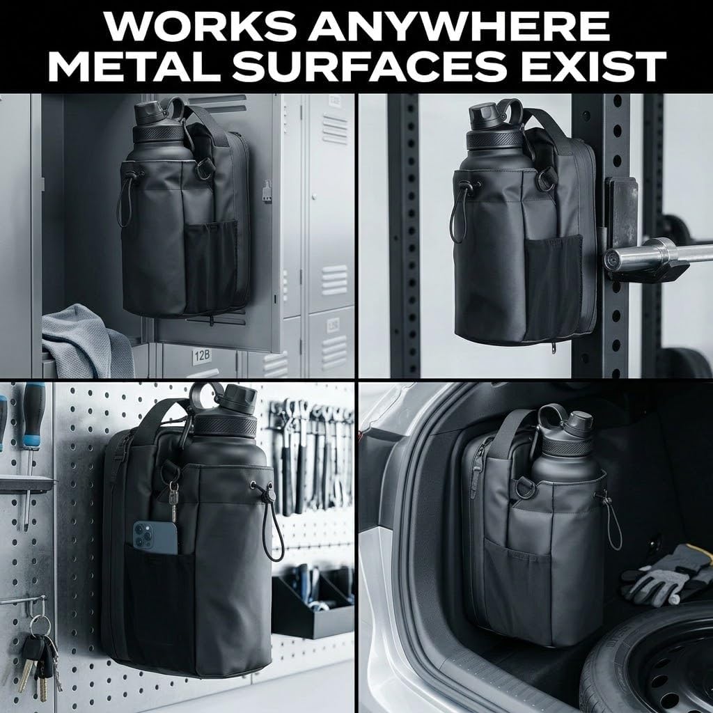 Magnetic Gym Bag for Men & Women, Magnetic Water Bottle Holder Fits 64oz, Gym Pouch with Phone Pocket & Strap, Strong Workout Bag for Gym, Garage, Travel, Crossbody Bottle Carrier | Fits 64oz, Phone Pocket & Strap, Crossbody Carrier, Gym Pouch, Workout Bag