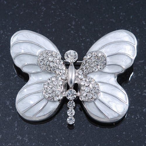 White Enamel Clear Crystal 'Butterfly' Brooch In Rhodium Plating - 47mm Width, silver, white / ivory - Image 3