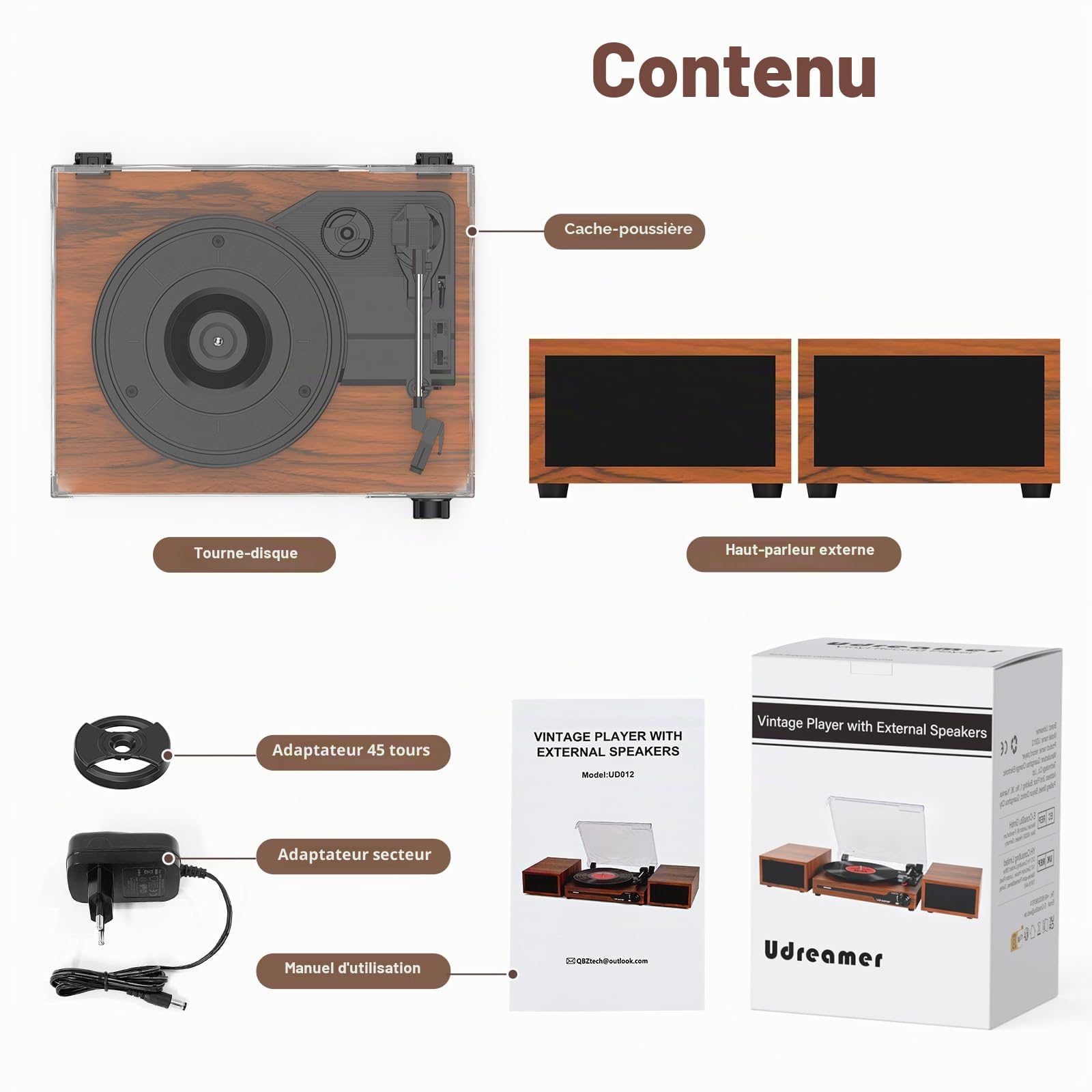 Udreamer Platine Vinyle avec 2 Haut-parleurs Stéréo Doubles, Vintage Tourne-disqu Bluetooth 5.3 Prend en Charge 3 Vitesses, Entrée Auxiliaire, Ligne RCA, USB,Lecture sans Fil, Marron