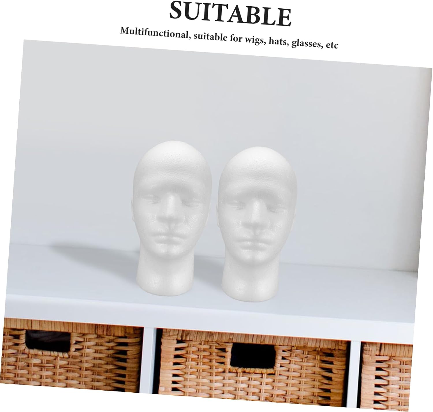 2pcs White Foam Wig Holder Head for Styling and Display, Male Mannequin Head Form with Realistic Shape, Sturdy Multifunctional Display for Glasses and Headphones on Store