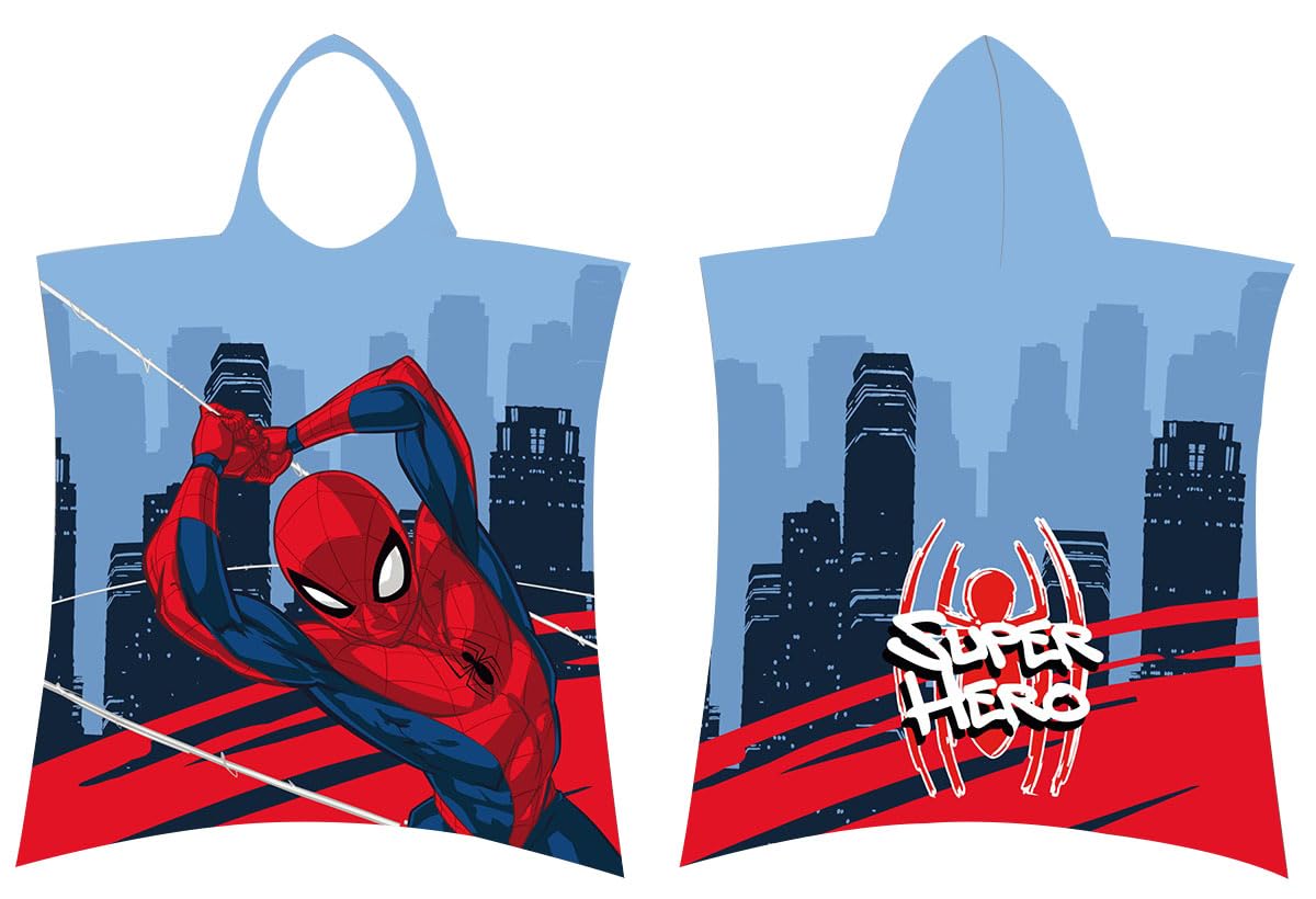 Jerry Fabrics Marvel SpiderMan Cotton Towel Poncho for Kids- 115x50cm| Bath Towel Hooded Poncho| Swimming Pool Surfing Towel| Soft Absorbent Bathrobe for Boys 3-6Years