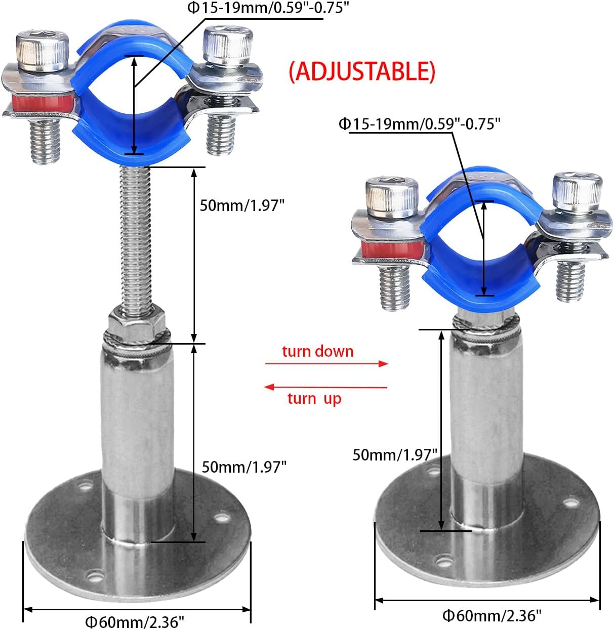 Wall Mount Ceiling Mount Pipe Supports,Adjustable Pipe Clamps 、Hangers、 Stainless Steel 304,2PCS Suitable for Pipe OD 15-19mm Adjustable Height 50-100mm