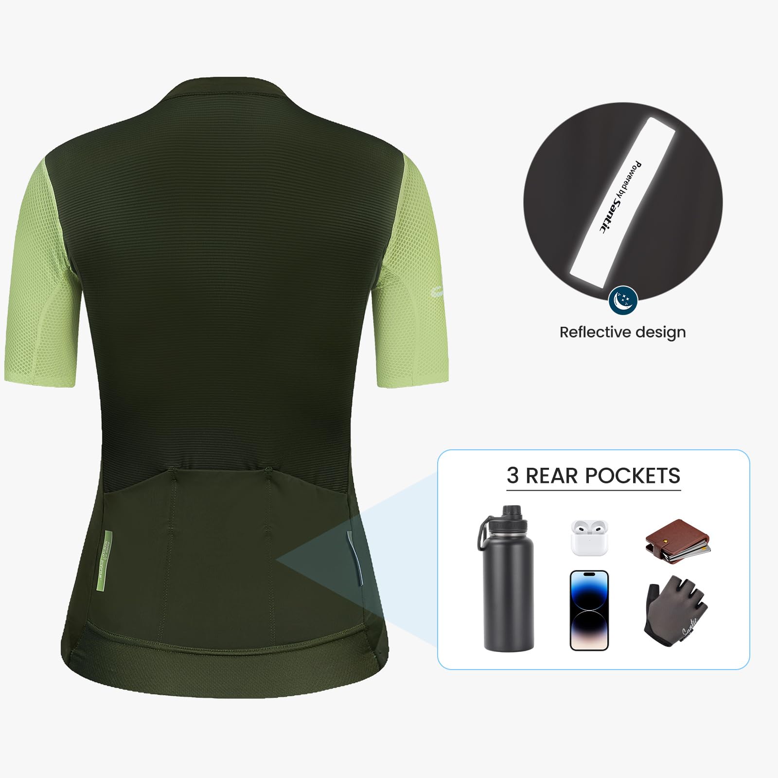 Santic Maillot de ciclismo para mujer, manga corta, con cremallera completa, UPF 50+, con bolsillos