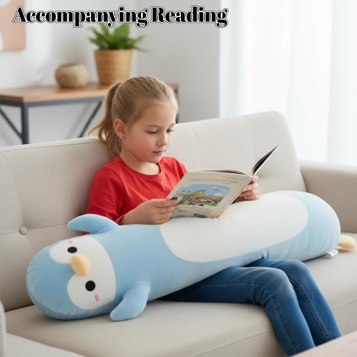 Pinguino, morbido peluche lungo pinguino da abbracciare, grande cuscino per bambini, regalo di compleanno per ragazzi e ragazze (blu chiaro, 110 cm)