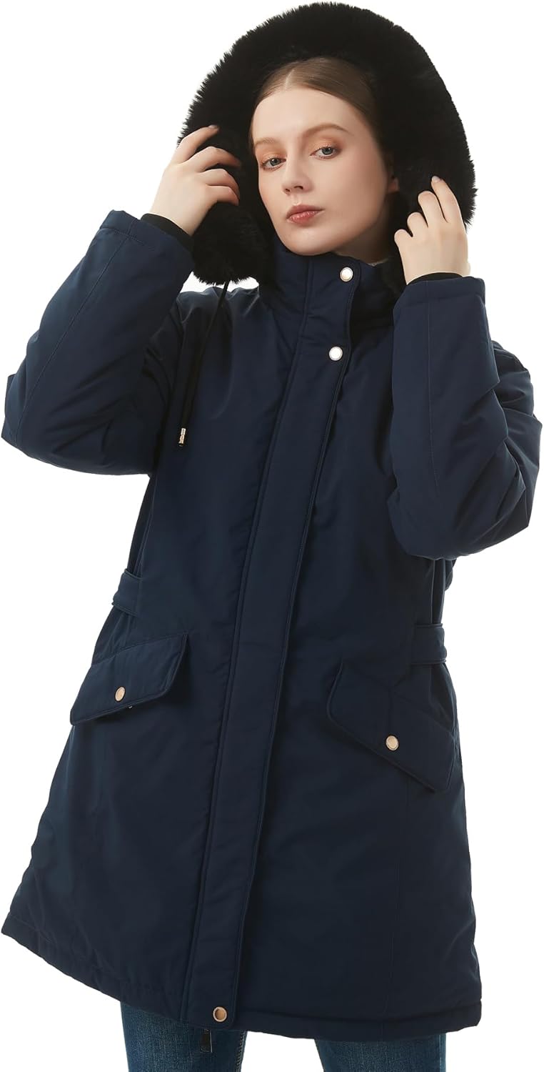 MOERDENG Women's Long Winter Down Coat Thicken Fleece Lined Parka Warm Puffer Jacket With Faux Fur Detachable Hood