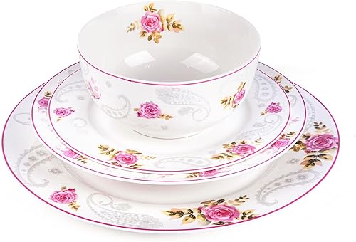 Miniatura 3 de English Rose Bone - Juego de 24 platos de porcelana para 6 pers. Plato de postre Plato de sopa con cuencos para servir