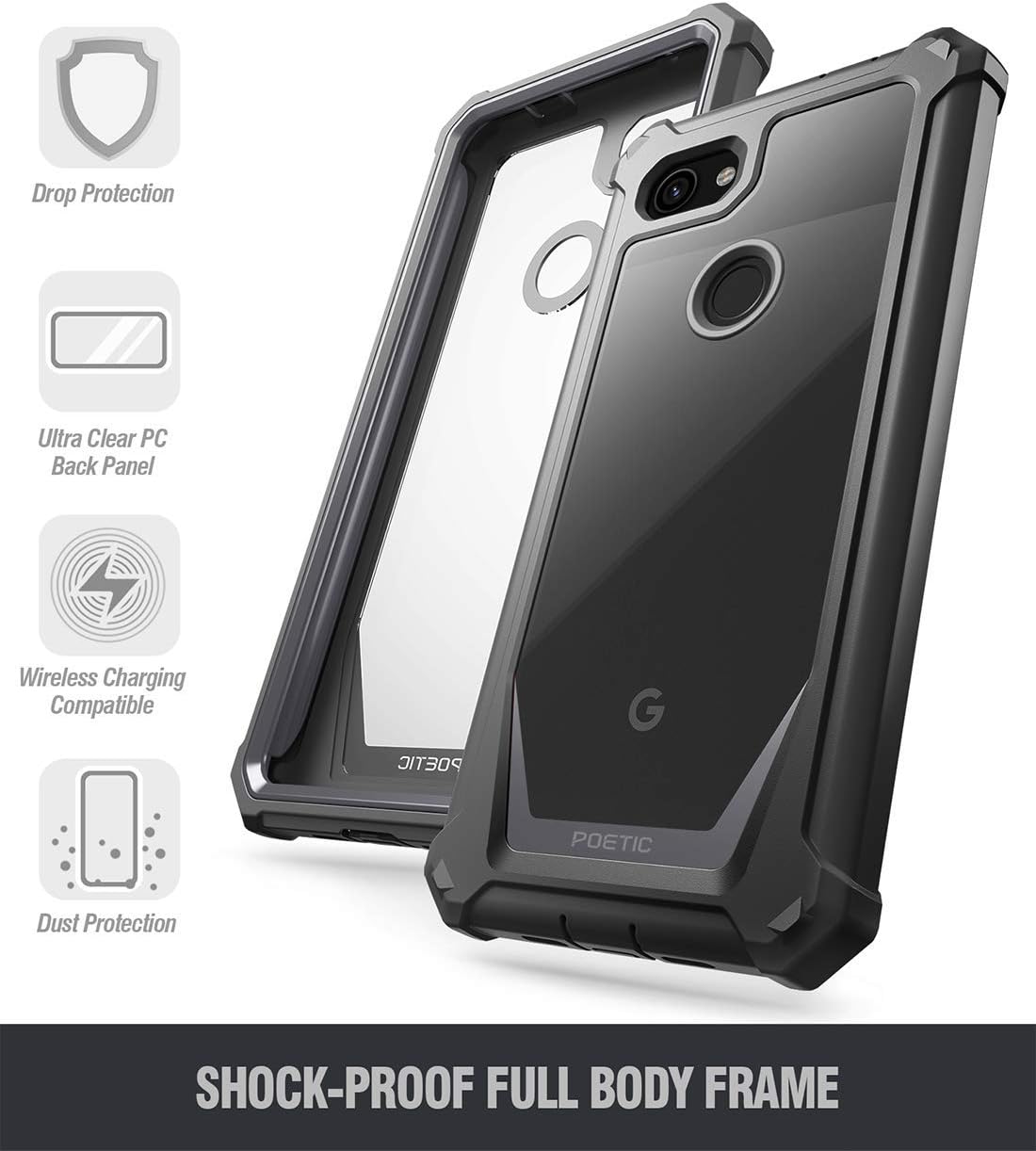 Google Pixel 3a XL Rugged Clear Case, Poetic Full-Body Hybrid Shockproof Bumper Cover, Built-in-Screen Protector, Guardian Series, Case for Google Pixel 3a XL (2019 Release), Black/Clear
