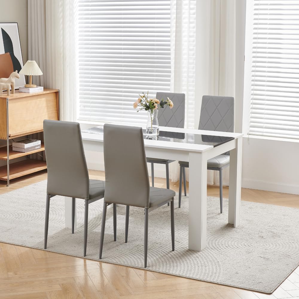 Menaka Wood Dining Table and Chairs Set of 4, Small Rectangular Kitchen Dinner Table with 4 Seaters (argyle grid grey leather chairs, 120m line table, 4 seaters)
