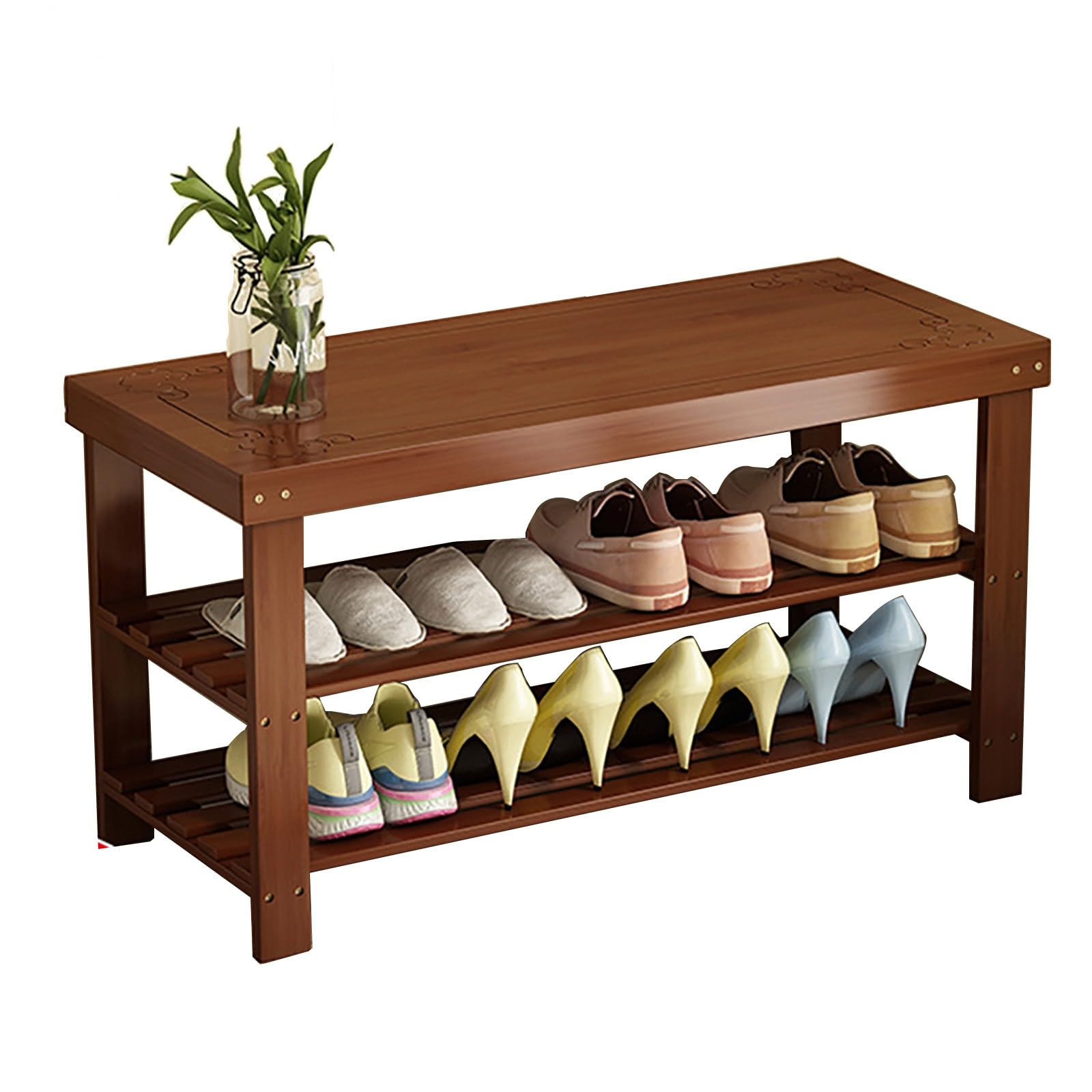 LWJSOCP Bamboo Shoe Bench with Seat and Storage nizer for Entryway and Living Room Walnut Color (69X27X45CM)