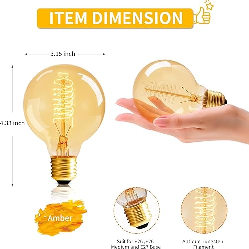 Miniatura 2 de Bombilla Edison G80 Globe Edison, vintage, grande, paquete de 4 bombillas Edison, bombillas de filamento en espiral, base E26, luz suave ámbar, 60