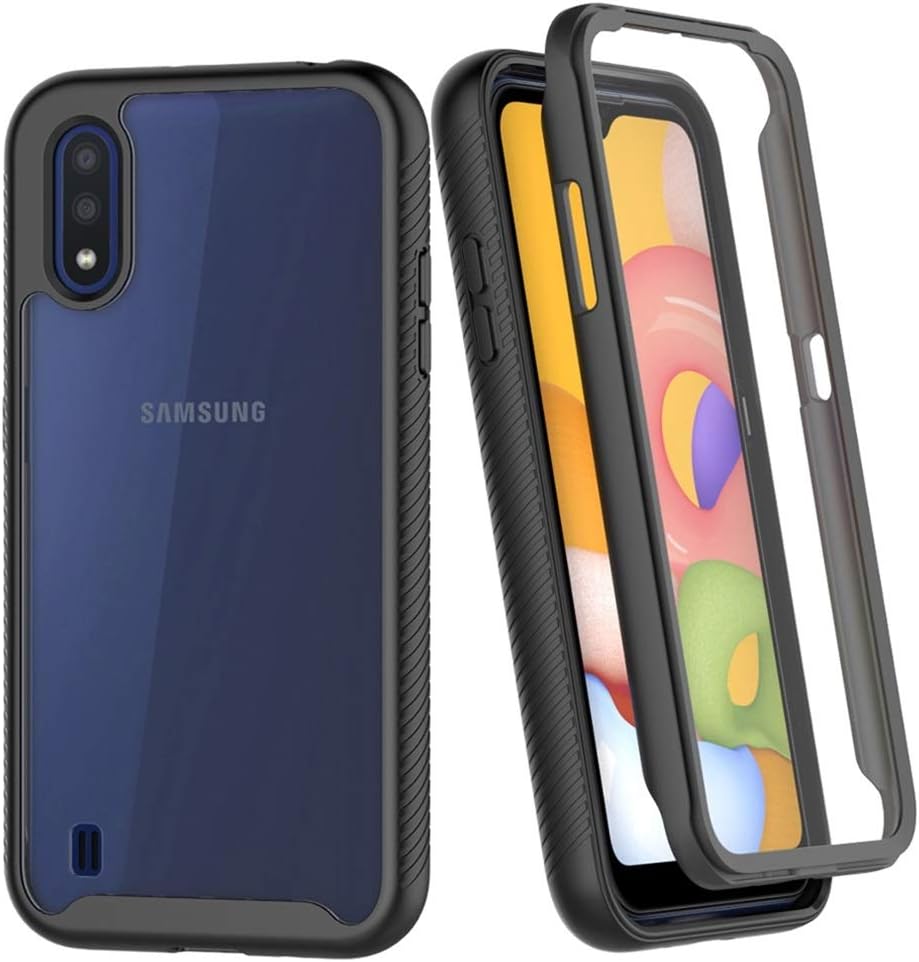 ONOLA Designed for Galaxy A01/A015 Case,Three Defense Built-in Screen Protector Crystal Clear Slim Fit Full Body Shockproof Cover for Galaxy A01 Phone (Clear/Black)