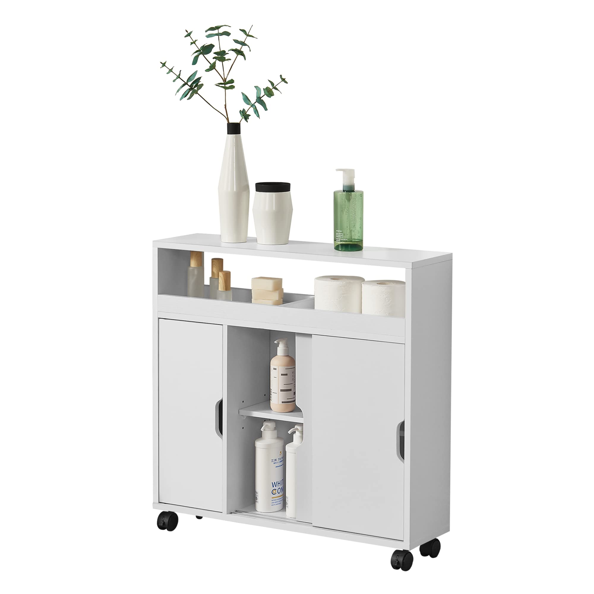 [en.casa] Mobile da Terra Salvaspazio per Bagno con Ante Scorrevoli Scomparti Chiusi e Ripiano Armadietto a 4 Ruote per Cucina Corridoio con Vani Aperti 71x70x20 cm - Bianco