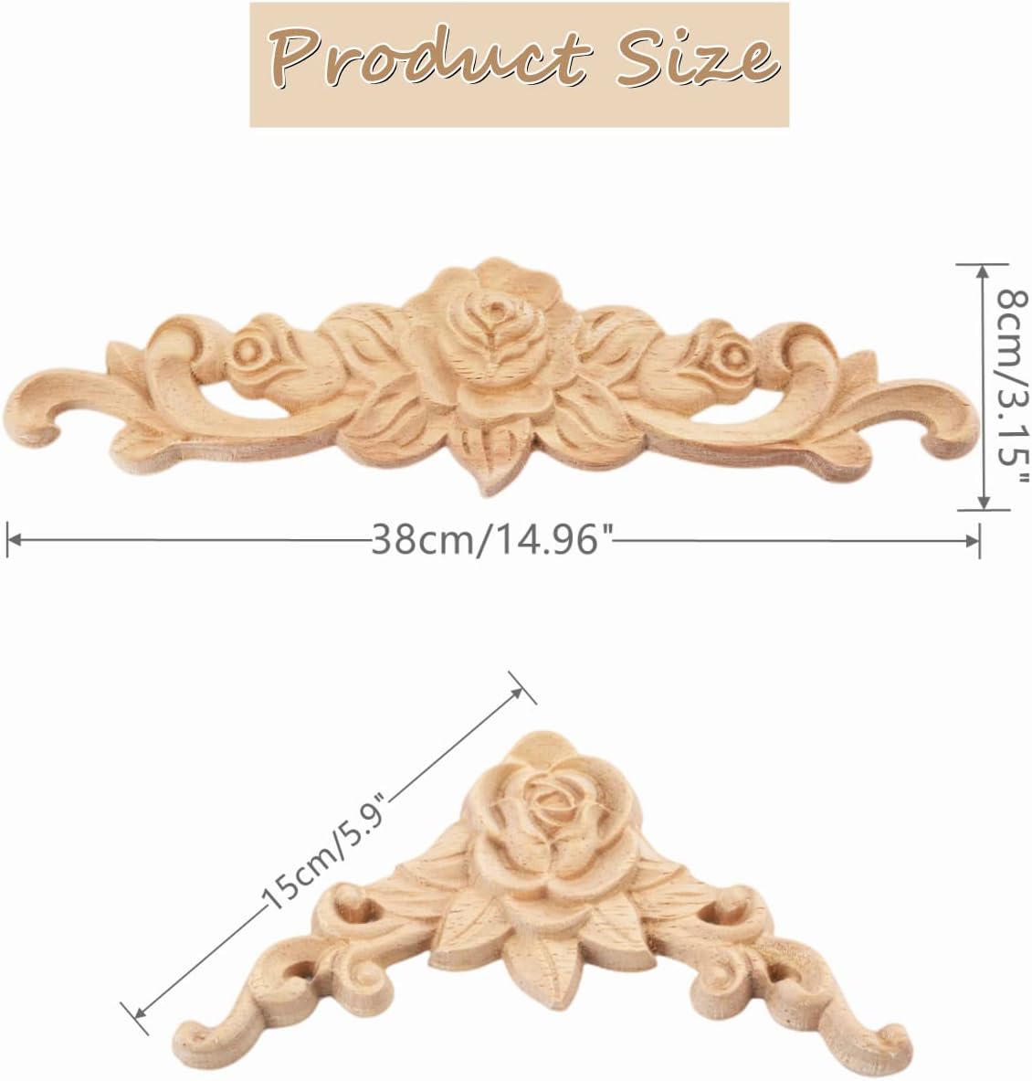 MUXSAM Wood Rose Appliques Onlays Set, 5-Pack Unpainted Decorative Carved Decals for Bed Door Cabinet Wardrobe Mantel Ceiling Wall Headboard Upgrade Decor Craft DIY Projects, 15x15cm+38x8cm