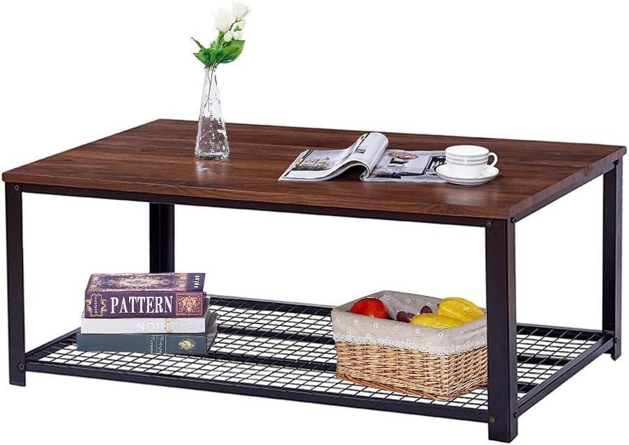 Trustiwood Vintage Industrial Coffee Table, Cocktail Table with Storage Shelf for Living Room, Stable Metal Frame Furniture, Easy Assembly, Dark Walnut