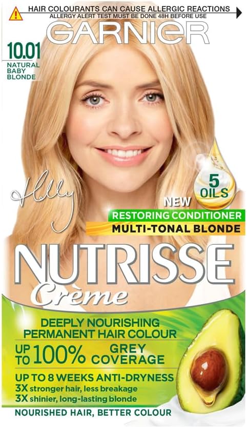 Nutrisse Ultra Crème Hair Dye with Holly Willoughby, 10.01 Natural Baby Blonde. Enjoy 100% grey coverage and vibrant, long-lasting 8-week colour, with a gentle, no-ammonia formula.