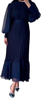 Women's Mock Neck Long Sleeve Full Pleated Chiffon Maxi Dress High Waist Belted A Line Cocktail Party Long Dress