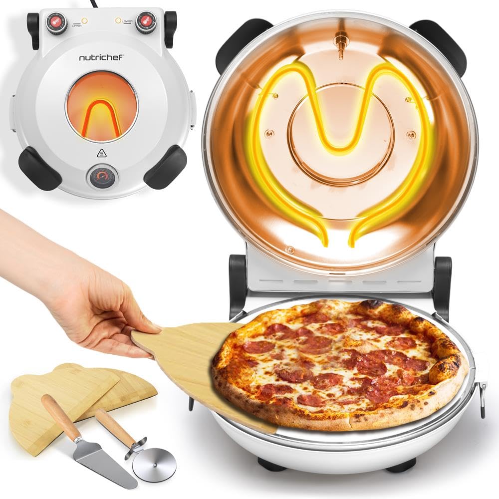 NutriChef - Horno eléctrico para pizza - Aparato de mesa Ø30 cm con termostato y termómetro - Ventana de cocción - Calentadores hasta 425 °C - Piedra antiadherente fácil de limpiar - Blanco