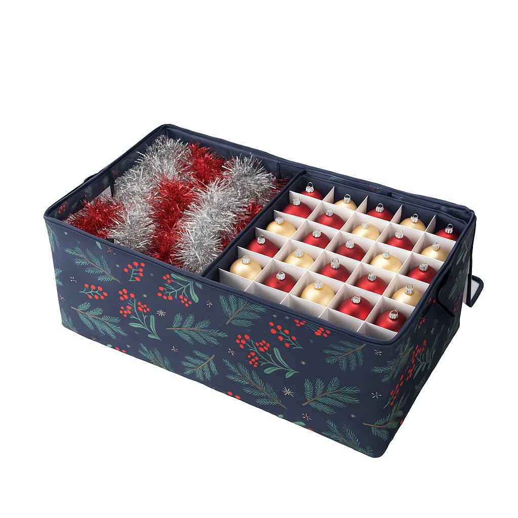Periea Berries And Branches 'Beth' Extra Large Jumbo Christmas Decoration Storage Box With Bauble Ornament Storage Trays, Hold Up To 120 Baubles. Collapsible Stackable Fabric Christmas Storage Boxes With Steel Frames