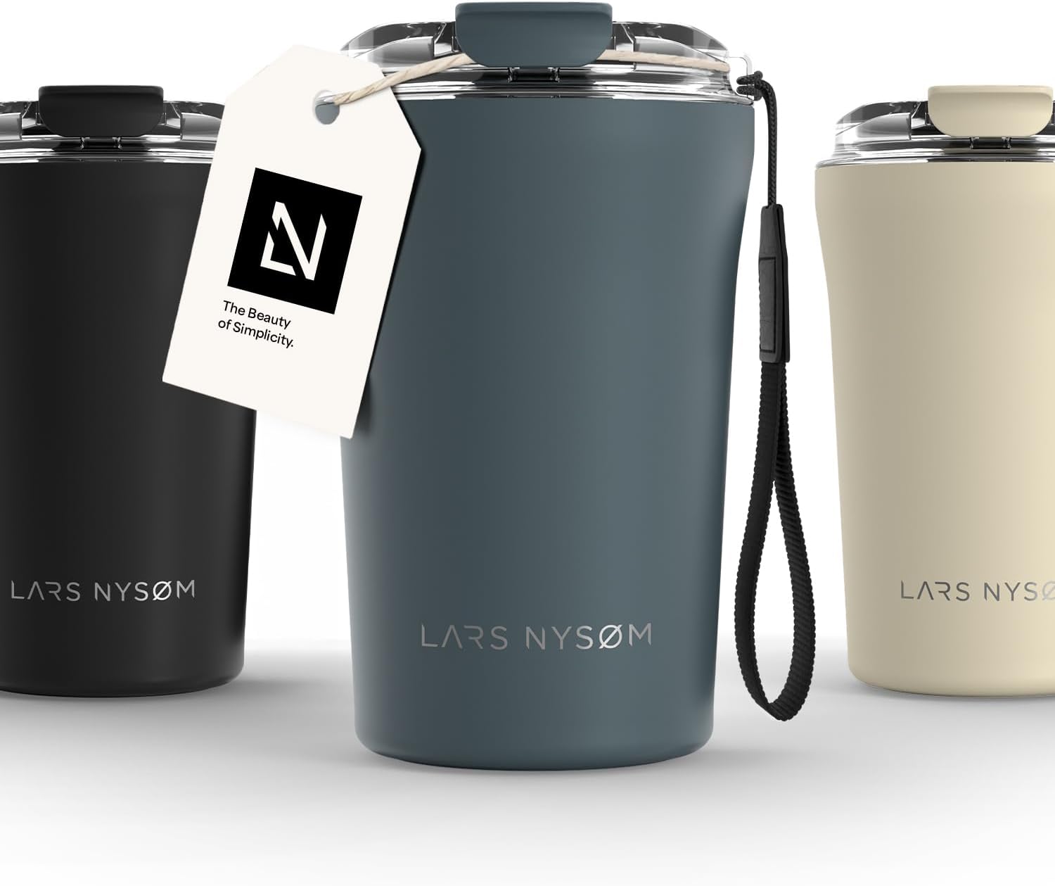 LARS NYSØM Thermo Coffee Mug to go with Strap 13oz | Travel Mug 0.38 Liter with Insulation | Leak Proof Stainless Steel Thermal Tumbler for Coffee and Tea to Go (Stone Blue, 12.9oz)