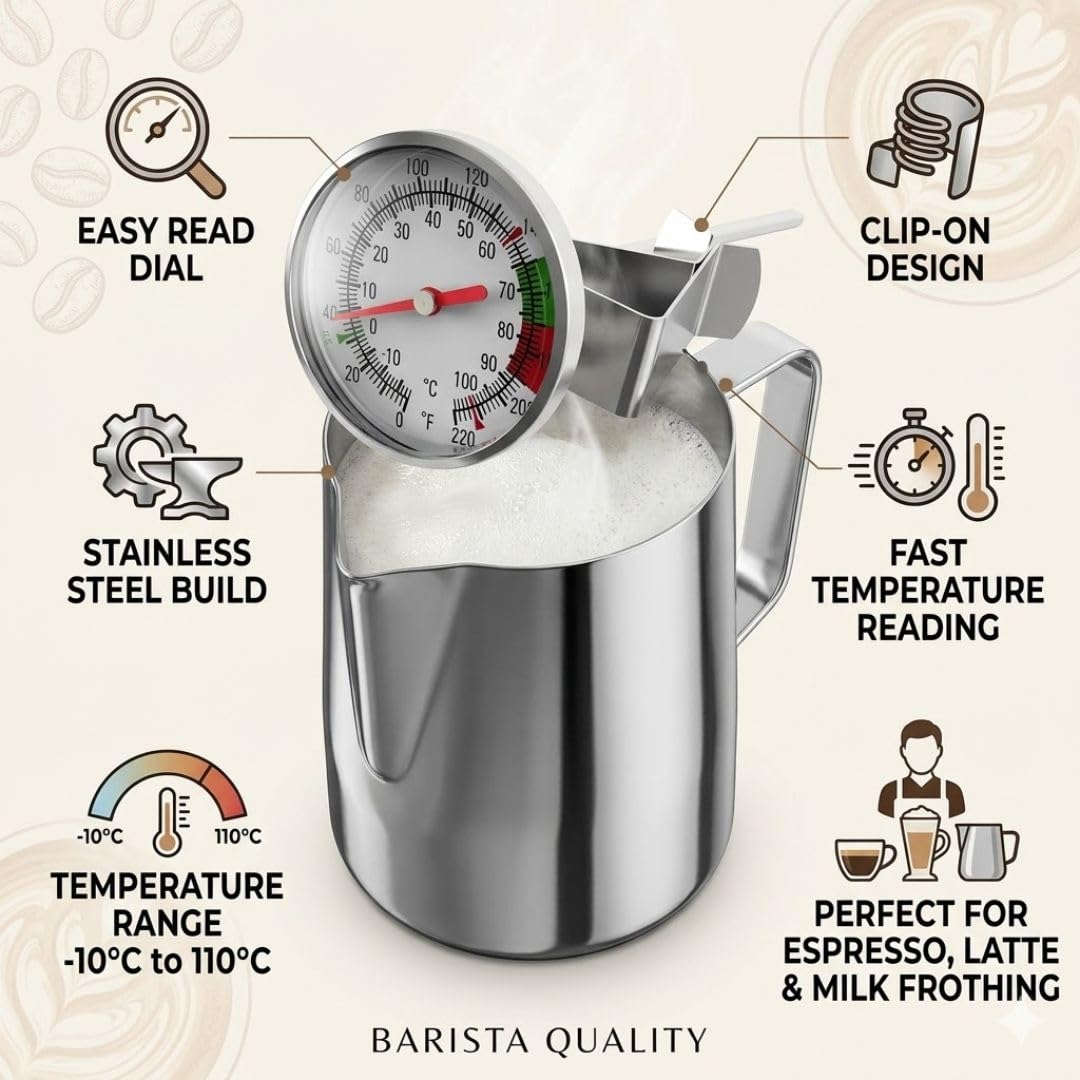 Bean Bliss® Premium Coffee Thermometer for Espresso & Milk Frothing | Stainless Steel Clip-On Barista Thermometer | Easy Read Dial | -10°C to 110°C 3