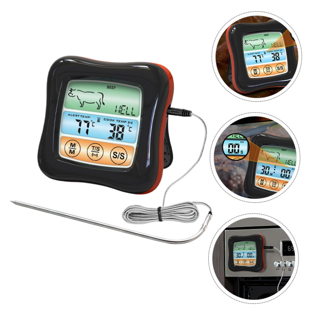 Termómetro Digital de Cocina Temporizador, Acero Inoxidable Negro
