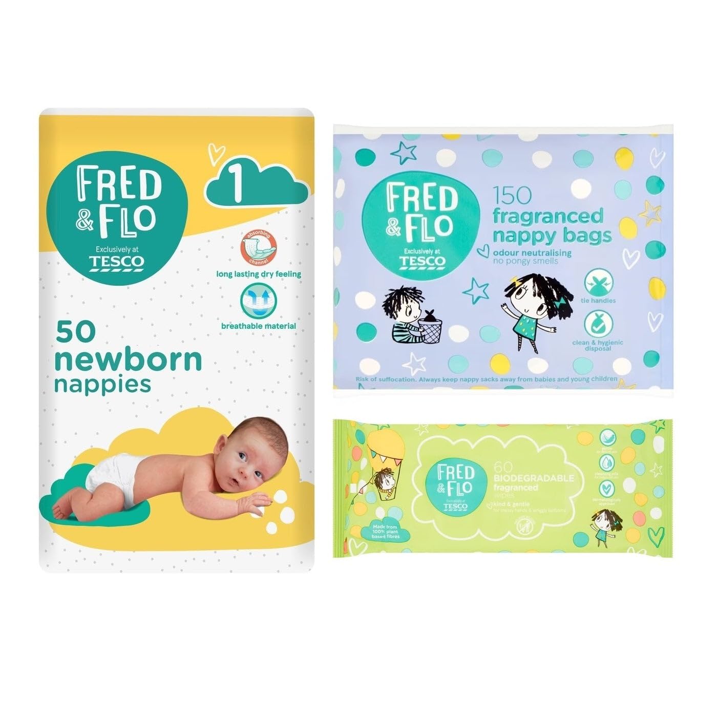 Fred & Flo Size 1 Nappies 50 Pack Bundle with Nappy Bags & Fragranced Wipes