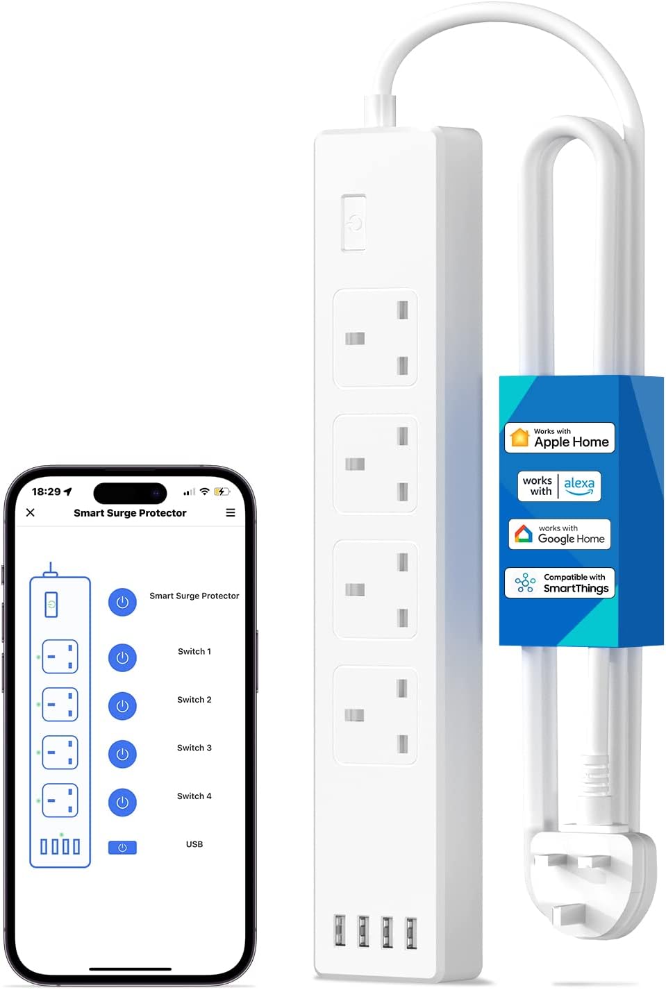 Smart Power Strip - Apple HomeKit, Alexa, Google Home Compatible - 4 AC Outlets, 4 USB Ports, Wi-Fi Surge Protector - White