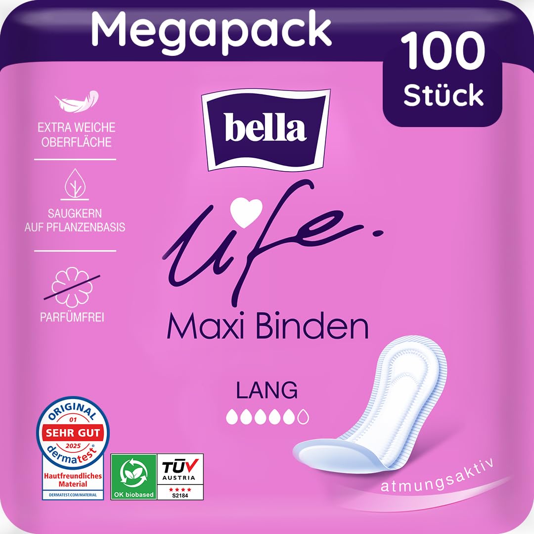 bella life Maxi Damenbinden ohne Flügel Lang 100 Stück (10x10) parfümfrei weich